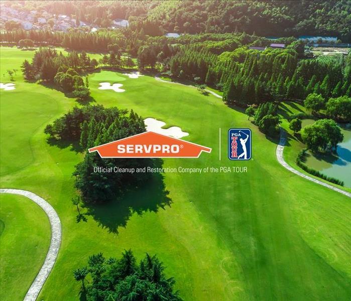aerial shot of golf course with SERVPRO logo in middle of shot